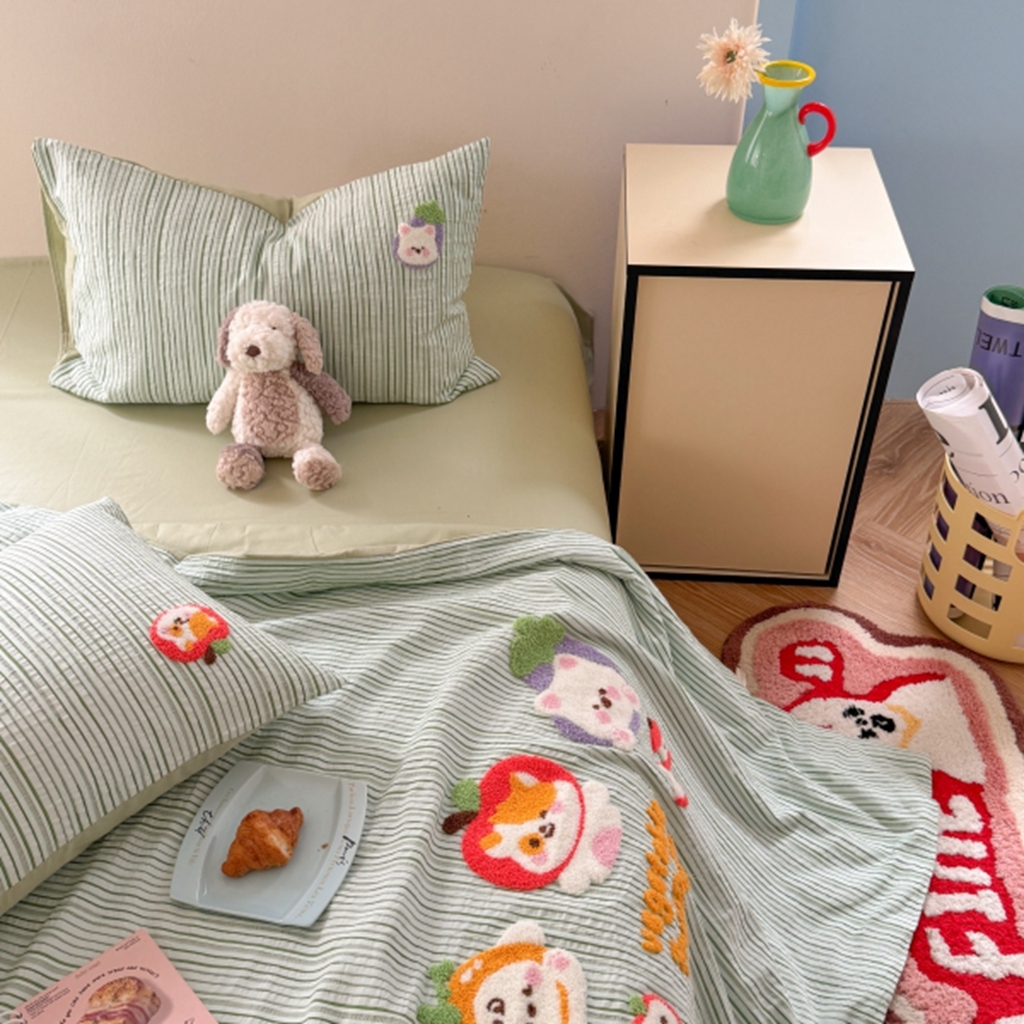 91家纺网 家纺一手货源 找家纺 柚子YOUTH 2025新款水洗棉提花毛巾绣夏被四件套 果蔬狗狗