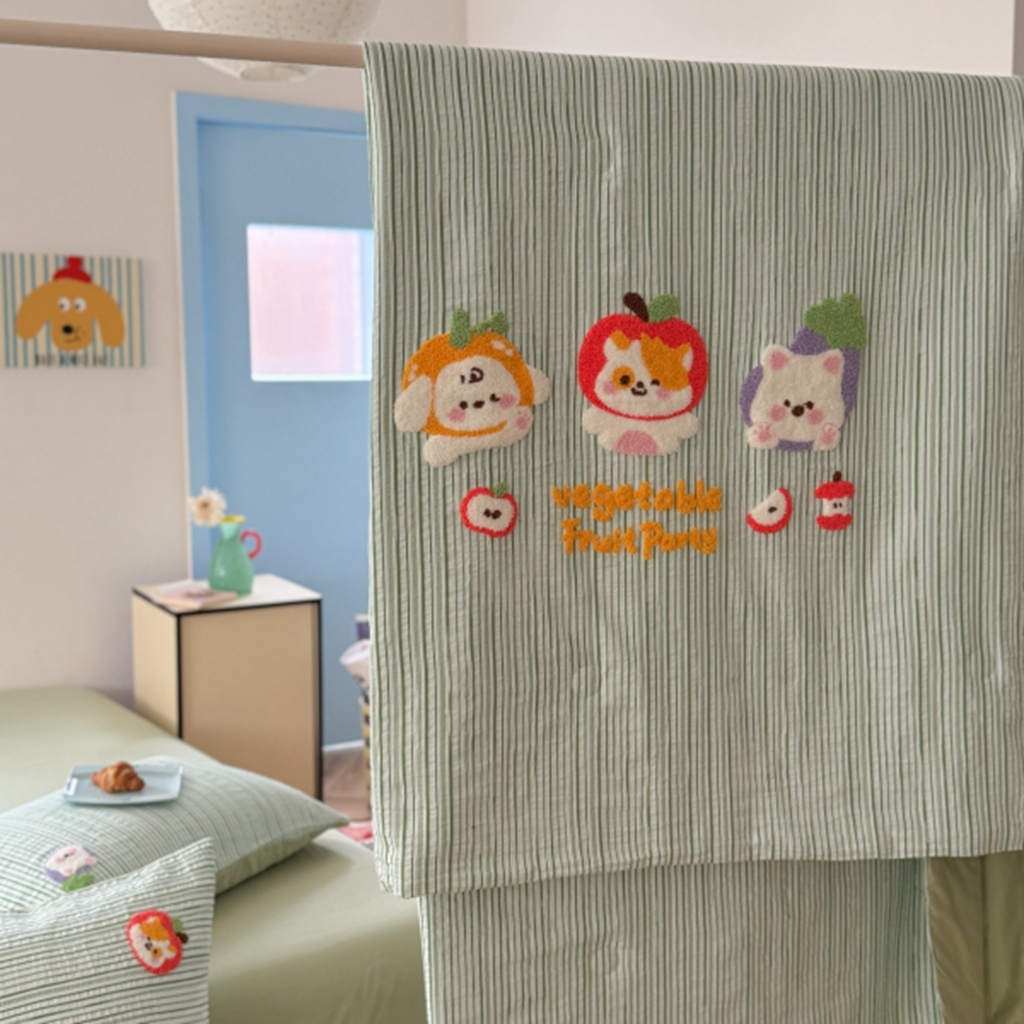 91家纺网 家纺一手货源 找家纺 柚子YOUTH 2025新款水洗棉提花毛巾绣夏被四件套 果蔬狗狗