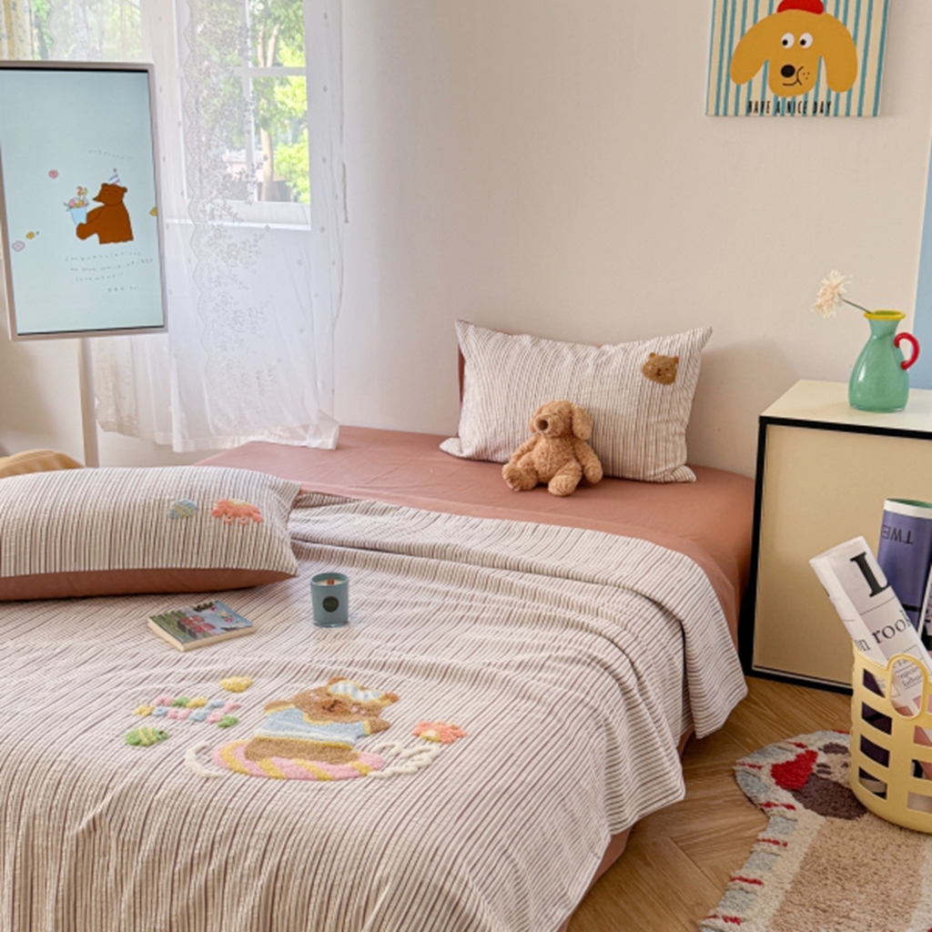 91家纺网 家纺一手货源 找家纺 柚子YOUTH 2025新款水洗棉提花毛巾绣夏被四件套 快乐冲浪