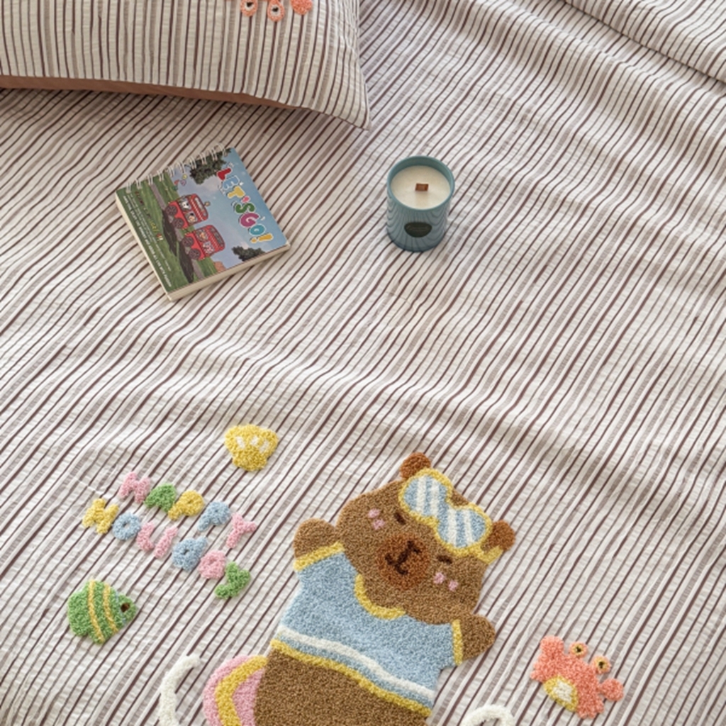 91家纺网 家纺一手货源 找家纺 柚子YOUTH 2025新款水洗棉提花毛巾绣夏被四件套 快乐冲浪