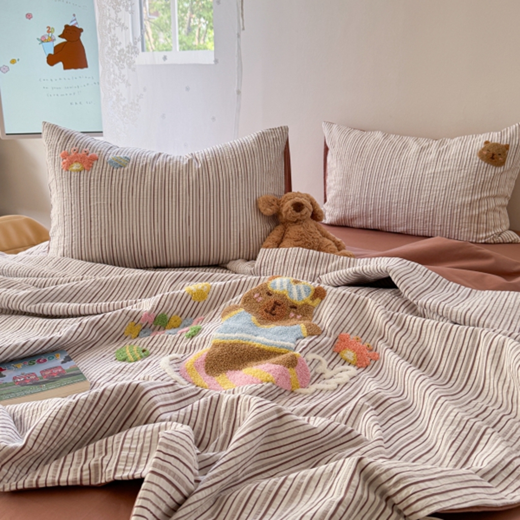 91家纺网 家纺一手货源 找家纺 柚子YOUTH 2025新款水洗棉提花毛巾绣夏被四件套 快乐冲浪