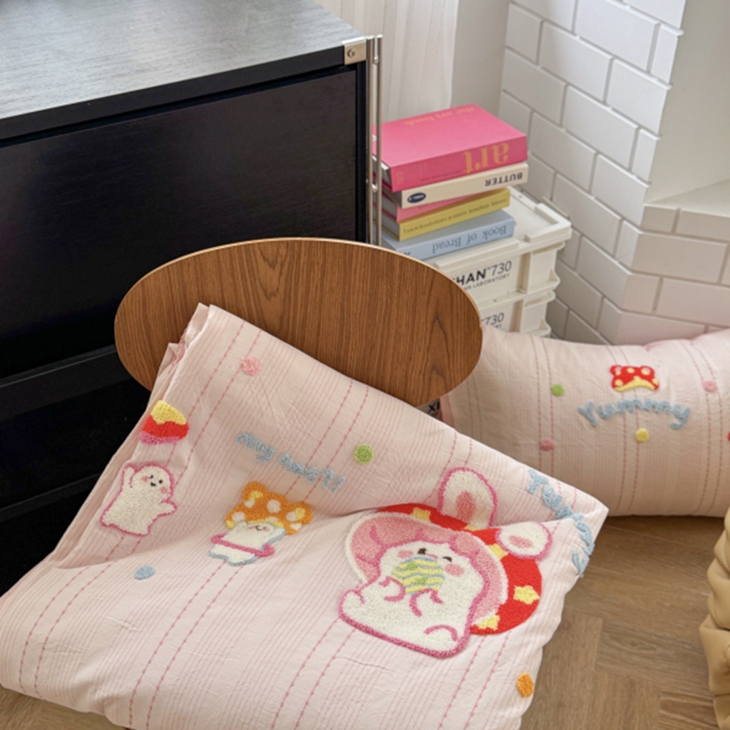 柚子YOUTH 2025新款水洗棉提花毛巾绣夏被四件套 蘑菇小兔