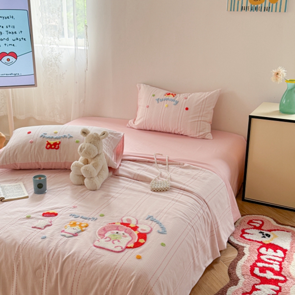 91家纺网 家纺一手货源 找家纺 柚子YOUTH 2025新款水洗棉提花毛巾绣夏被四件套 蘑菇小兔