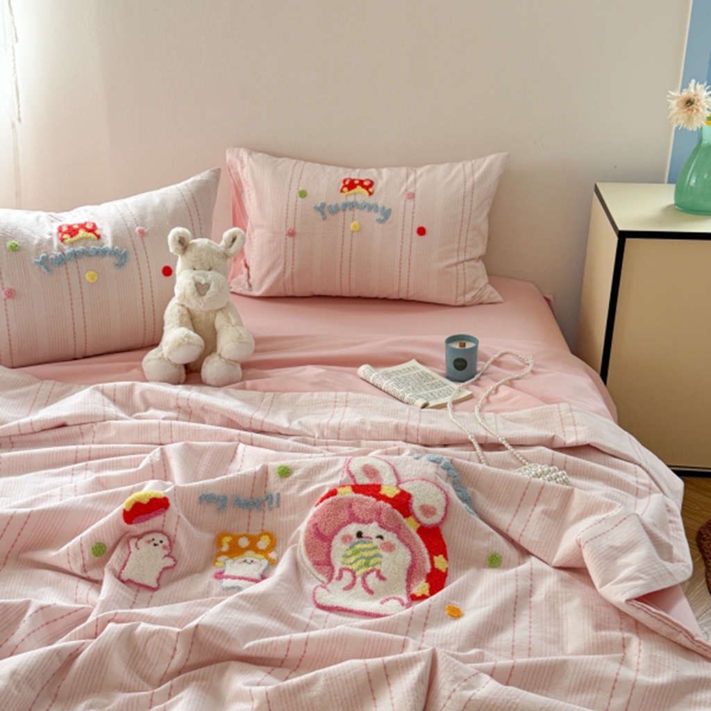 91家纺网 家纺一手货源 找家纺 柚子YOUTH 2025新款水洗棉提花毛巾绣夏被四件套 蘑菇小兔