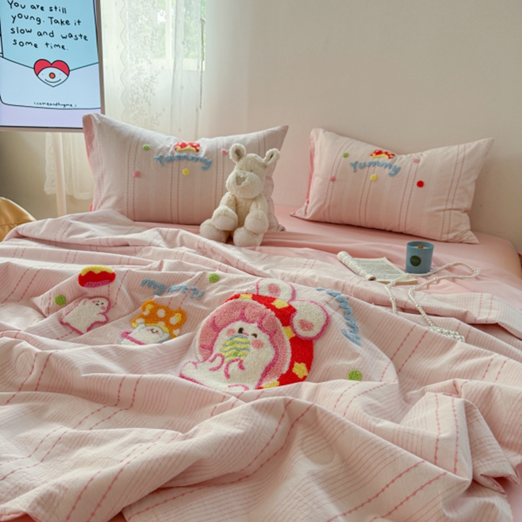 91家纺网 家纺一手货源 找家纺 柚子YOUTH 2025新款水洗棉提花毛巾绣夏被四件套 蘑菇小兔