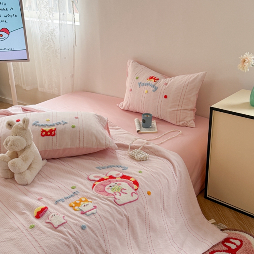 91家纺网 家纺一手货源 找家纺 柚子YOUTH 2025新款水洗棉提花毛巾绣夏被四件套 蘑菇小兔