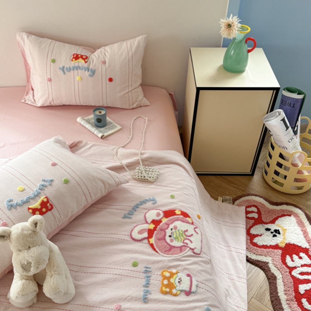 91家纺网 家纺一手货源 找家纺 柚子YOUTH 2025新款水洗棉提花毛巾绣夏被四件套 蘑菇小兔