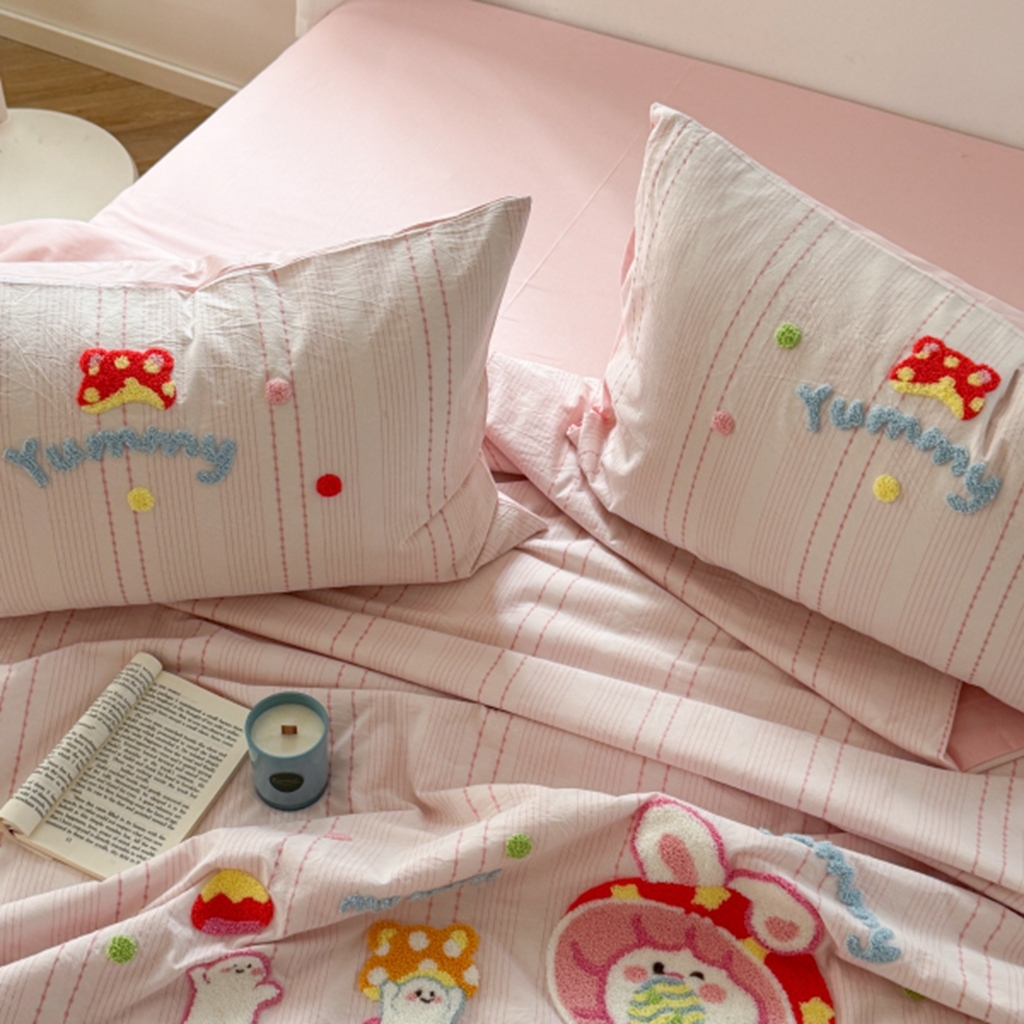 91家纺网 家纺一手货源 找家纺 柚子YOUTH 2025新款水洗棉提花毛巾绣夏被四件套 蘑菇小兔