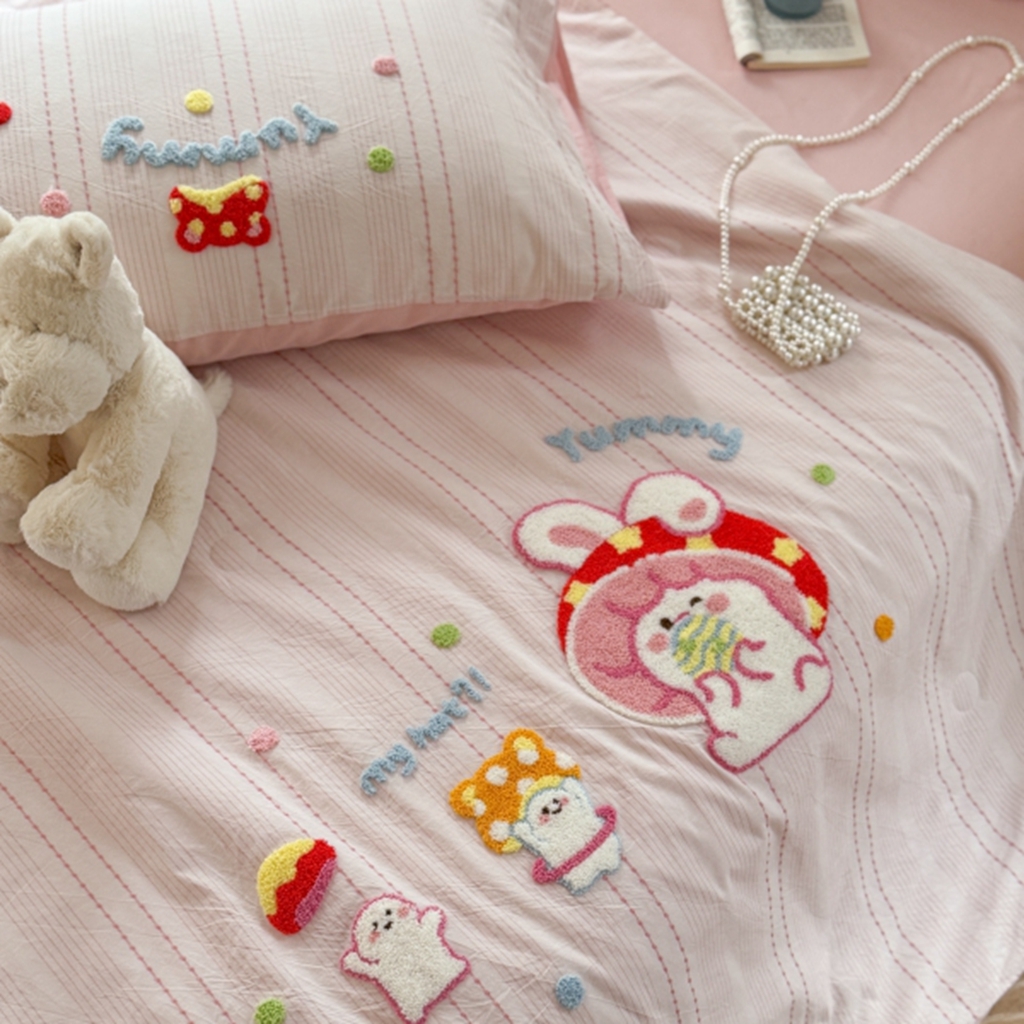 91家纺网 家纺一手货源 找家纺 柚子YOUTH 2025新款水洗棉提花毛巾绣夏被四件套 蘑菇小兔