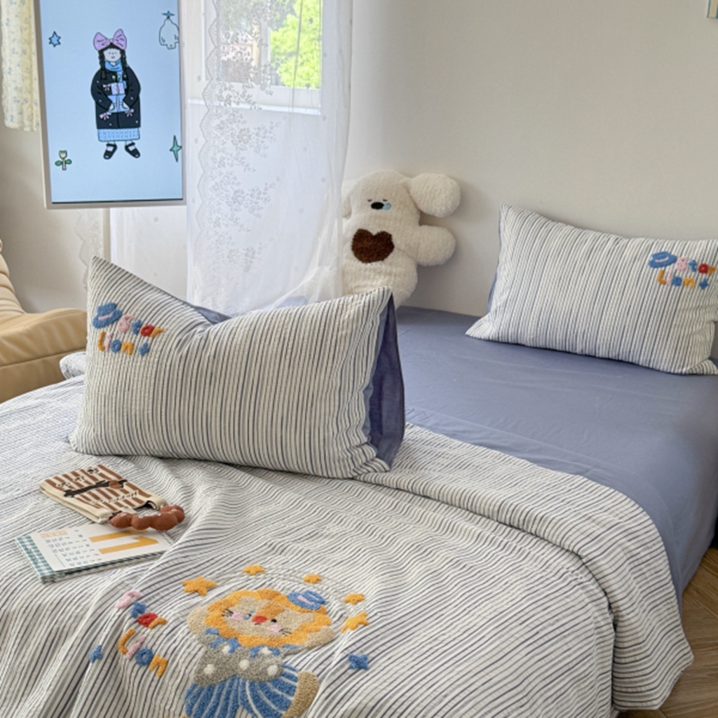 91家纺网 家纺一手货源 找家纺 柚子YOUTH 2025新款水洗棉提花毛巾绣夏被四件套 狮子星星