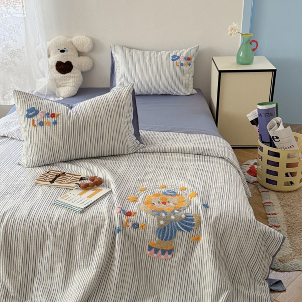 91家纺网 家纺一手货源 找家纺 柚子YOUTH 2025新款水洗棉提花毛巾绣夏被四件套 狮子星星