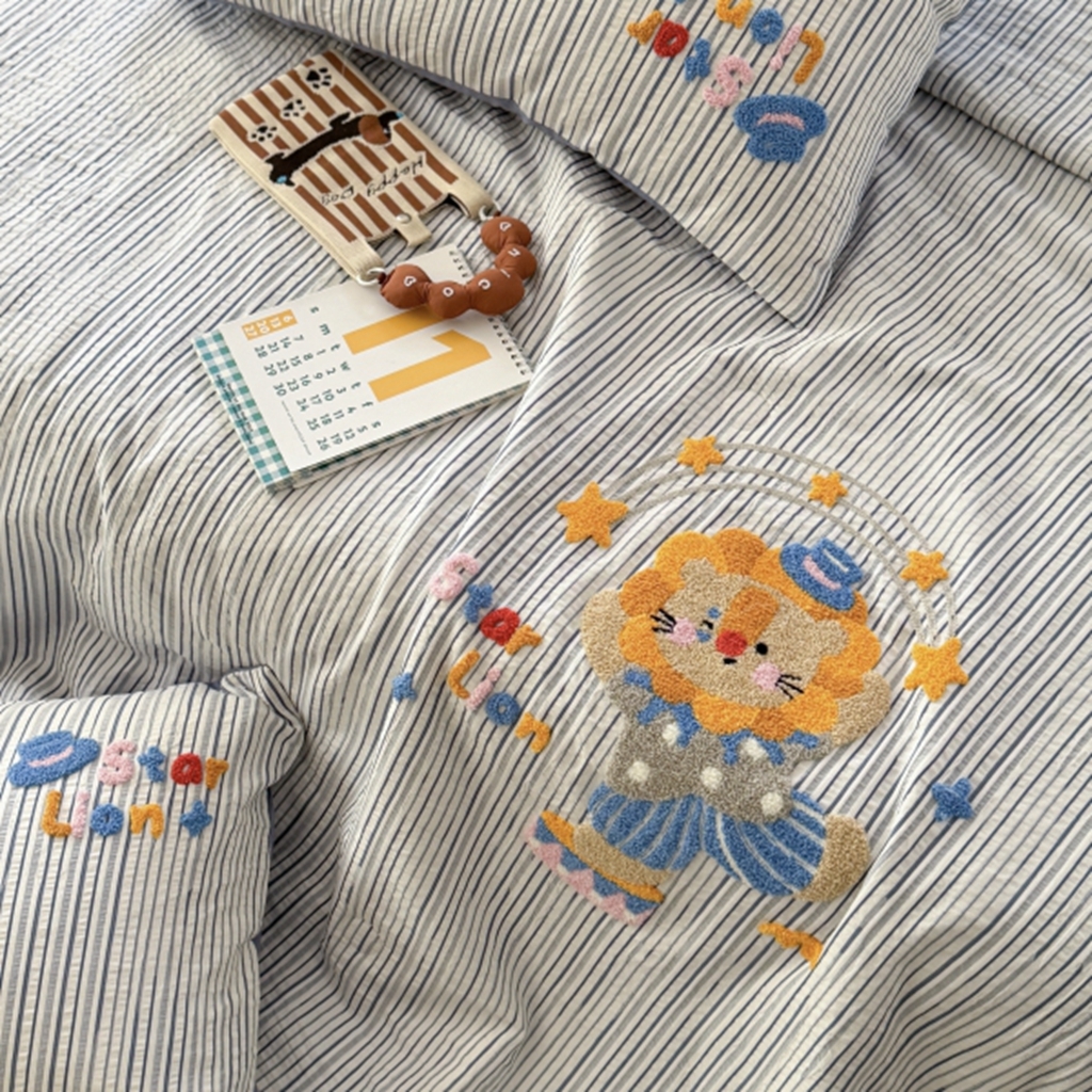 91家纺网 家纺一手货源 找家纺 柚子YOUTH 2025新款水洗棉提花毛巾绣夏被四件套 狮子星星