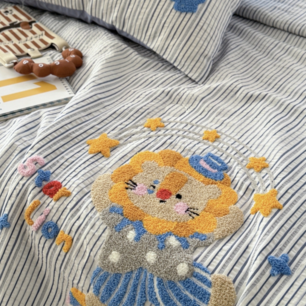 91家纺网 家纺一手货源 找家纺 柚子YOUTH 2025新款水洗棉提花毛巾绣夏被四件套 狮子星星