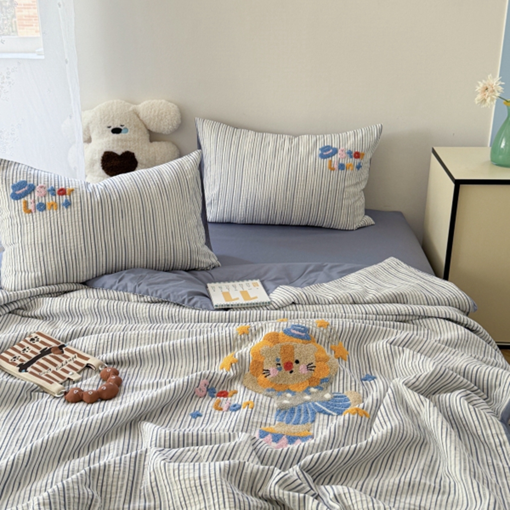 91家纺网 家纺一手货源 找家纺 柚子YOUTH 2025新款水洗棉提花毛巾绣夏被四件套 狮子星星