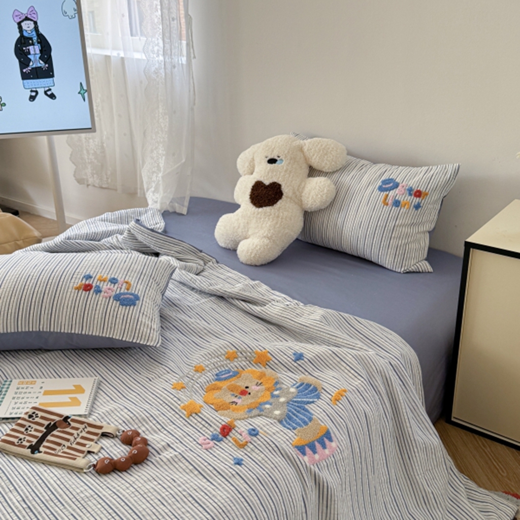 91家纺网 家纺一手货源 找家纺 柚子YOUTH 2025新款水洗棉提花毛巾绣夏被四件套 狮子星星