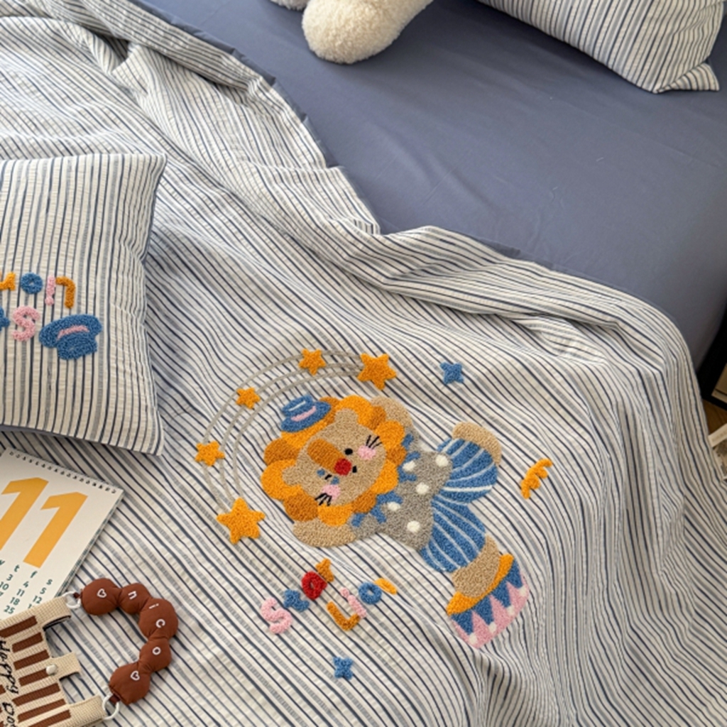 91家纺网 家纺一手货源 找家纺 柚子YOUTH 2025新款水洗棉提花毛巾绣夏被四件套 狮子星星