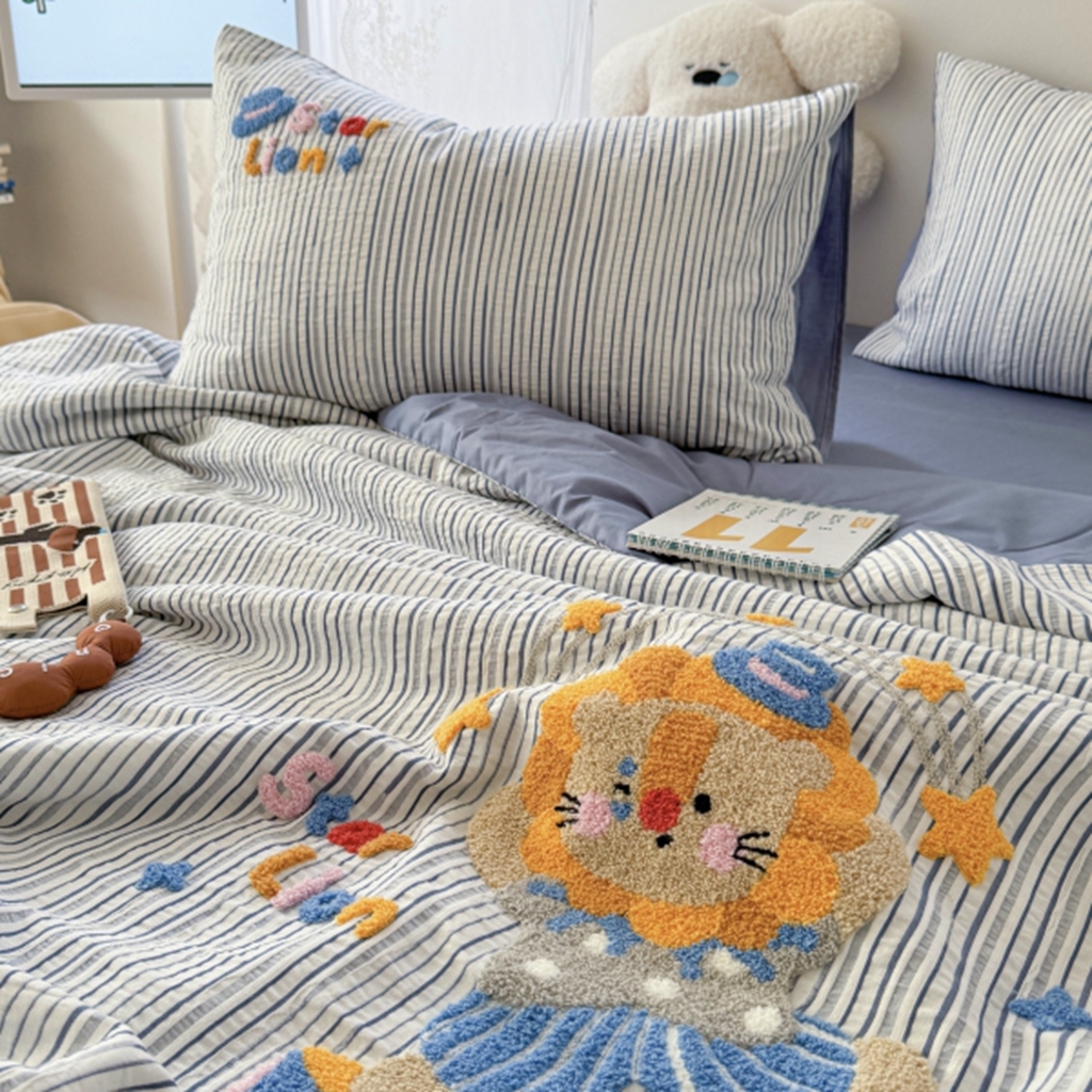 91家纺网 家纺一手货源 找家纺 柚子YOUTH 2025新款水洗棉提花毛巾绣夏被四件套 狮子星星