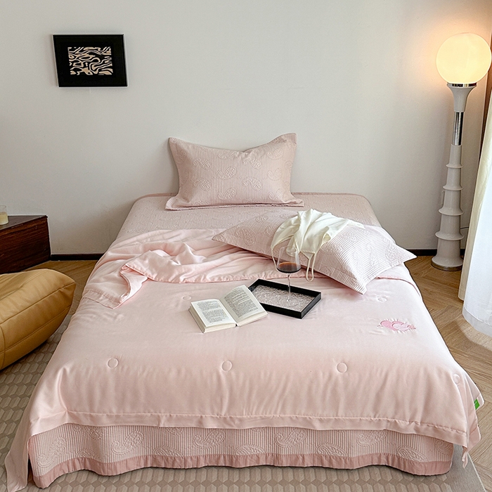 91家纺网 家纺一手货源 找家纺 琳可家居 2025春夏新款腰果花系列双面莱赛尔天丝床盖三件套高温水洗可机洗 腰果花-仙女粉