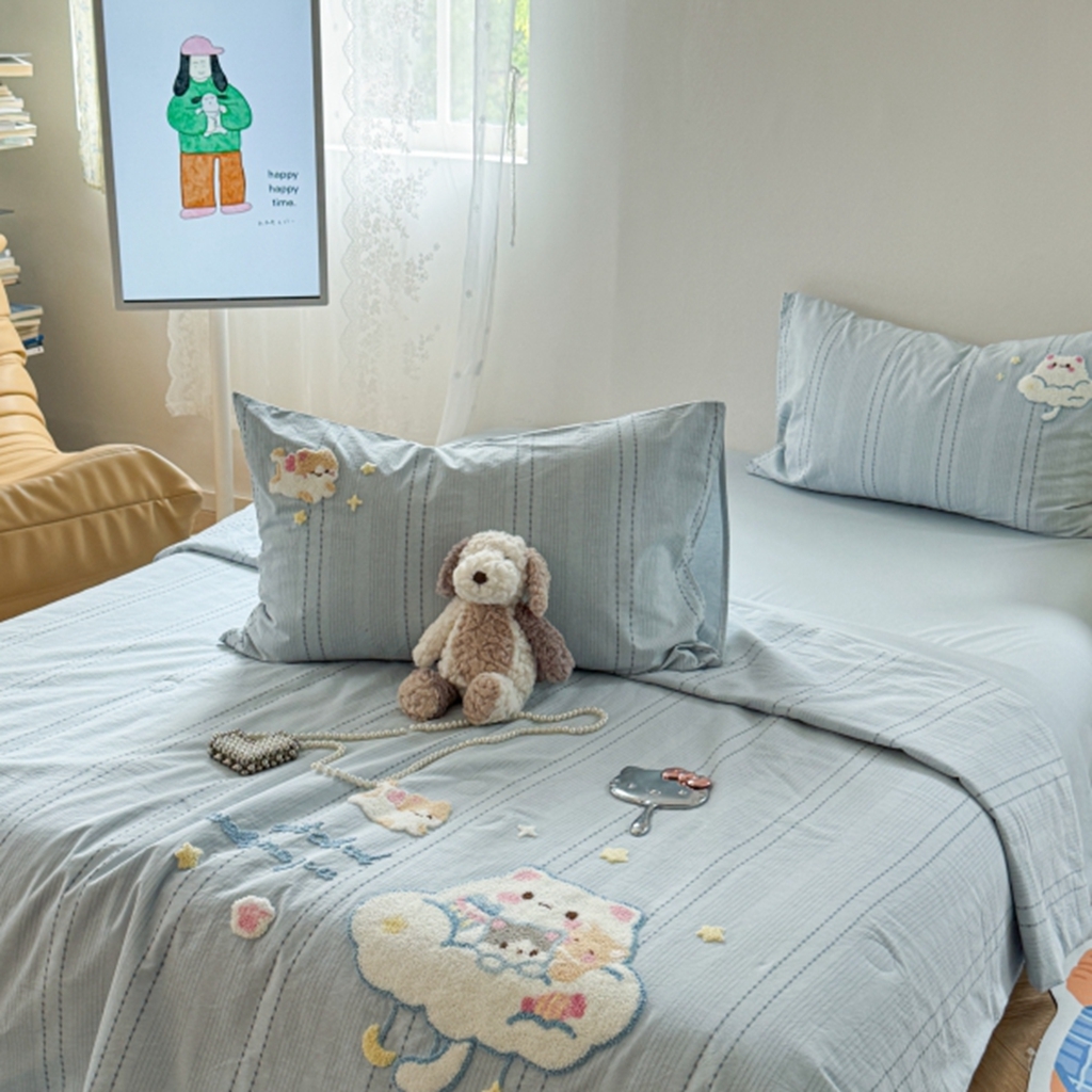 91家纺网 家纺一手货源 找家纺 柚子YOUTH 2025新款水洗棉提花毛巾绣夏被四件套 云朵小猫