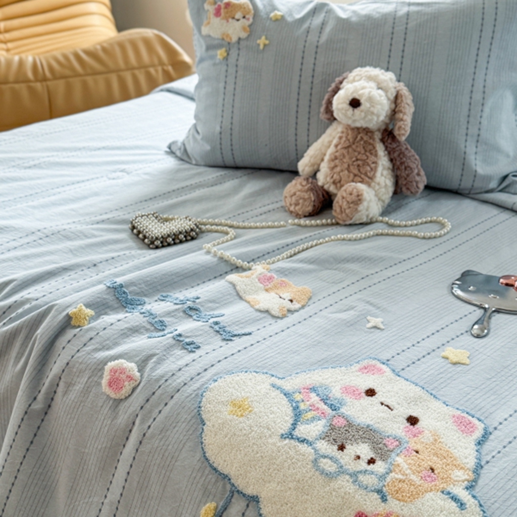 91家纺网 家纺一手货源 找家纺 柚子YOUTH 2025新款水洗棉提花毛巾绣夏被四件套 云朵小猫