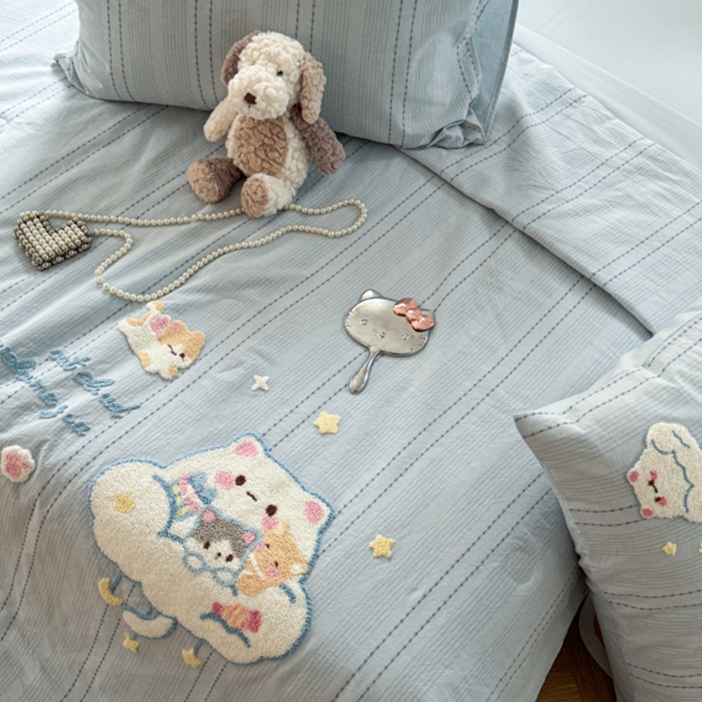 91家纺网 家纺一手货源 找家纺 柚子YOUTH 2025新款水洗棉提花毛巾绣夏被四件套 云朵小猫