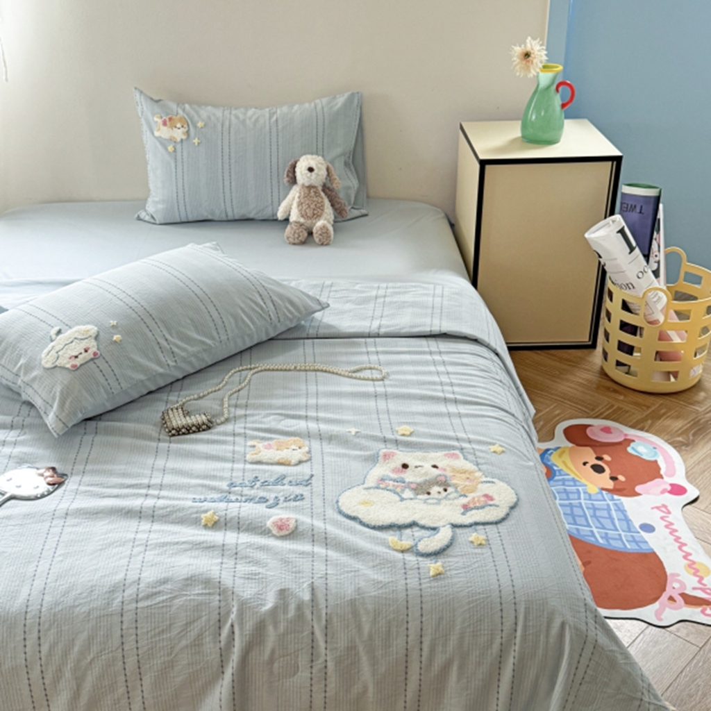 91家纺网 家纺一手货源 找家纺 柚子YOUTH 2025新款水洗棉提花毛巾绣夏被四件套 云朵小猫