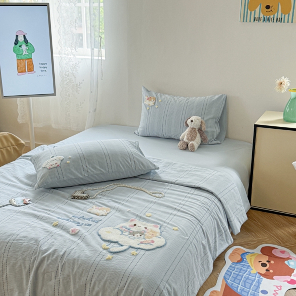 91家纺网 家纺一手货源 找家纺 柚子YOUTH 2025新款水洗棉提花毛巾绣夏被四件套 云朵小猫