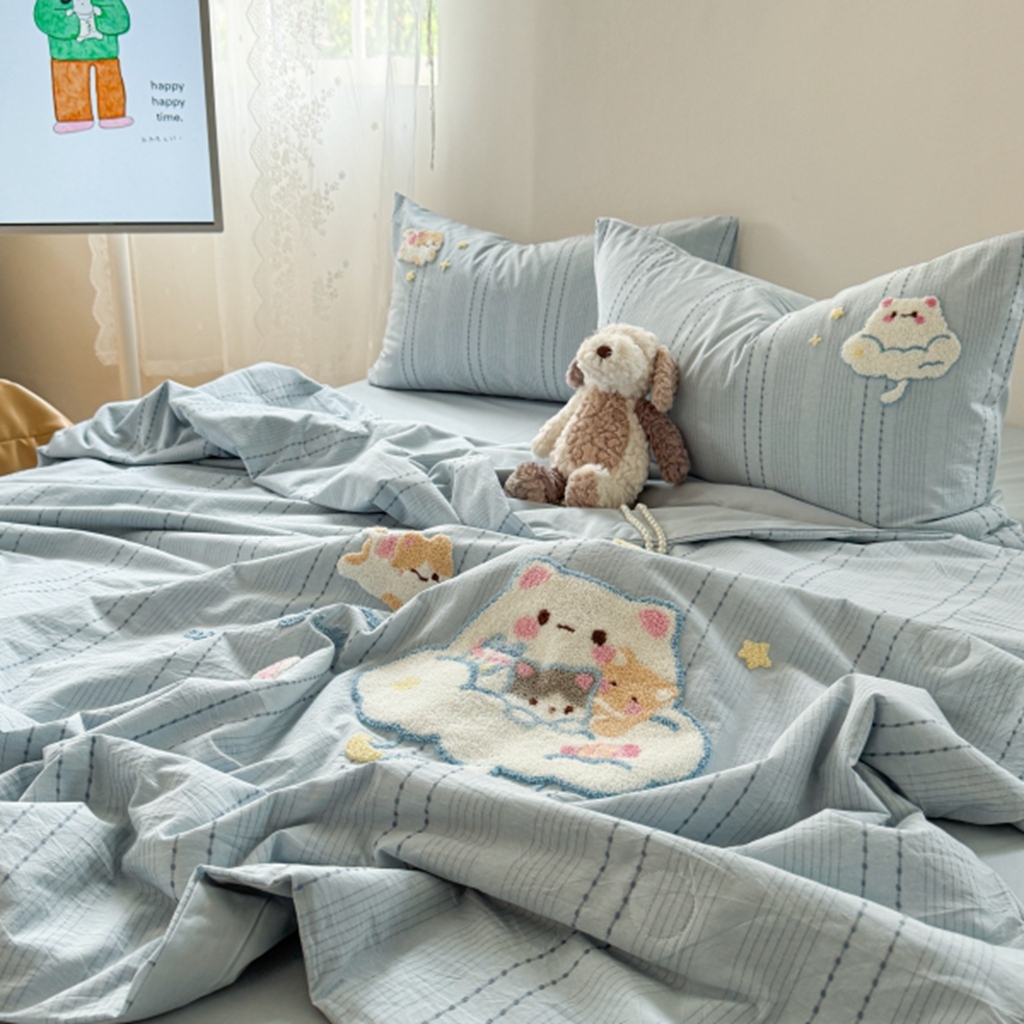 91家纺网 家纺一手货源 找家纺 柚子YOUTH 2025新款水洗棉提花毛巾绣夏被四件套 云朵小猫