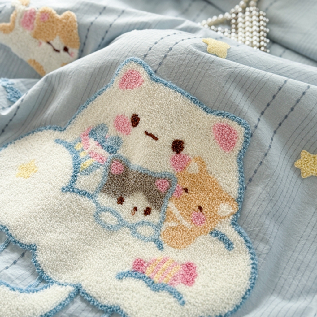 91家纺网 家纺一手货源 找家纺 柚子YOUTH 2025新款水洗棉提花毛巾绣夏被四件套 云朵小猫