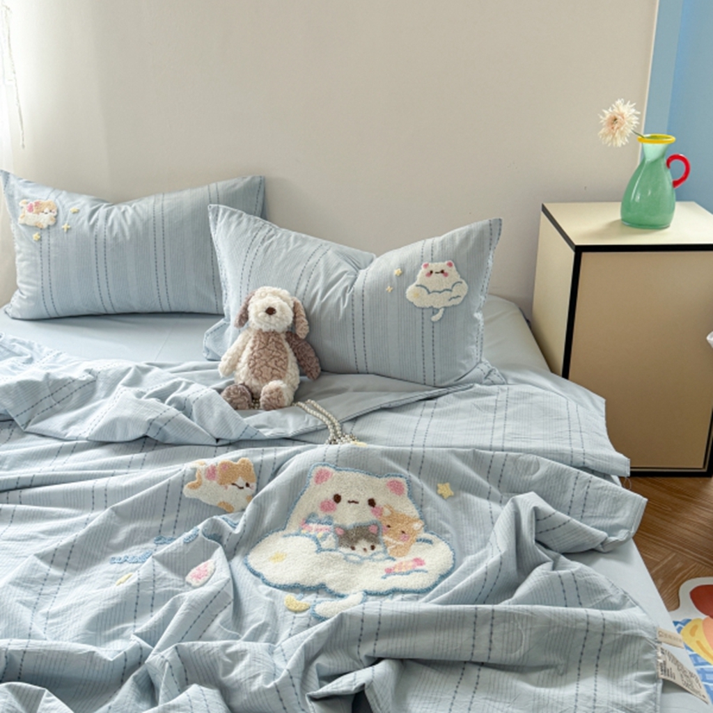 91家纺网 家纺一手货源 找家纺 柚子YOUTH 2025新款水洗棉提花毛巾绣夏被四件套 云朵小猫