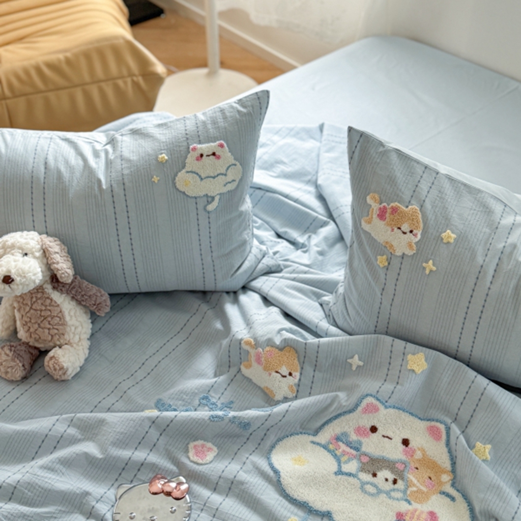 91家纺网 家纺一手货源 找家纺 柚子YOUTH 2025新款水洗棉提花毛巾绣夏被四件套 云朵小猫