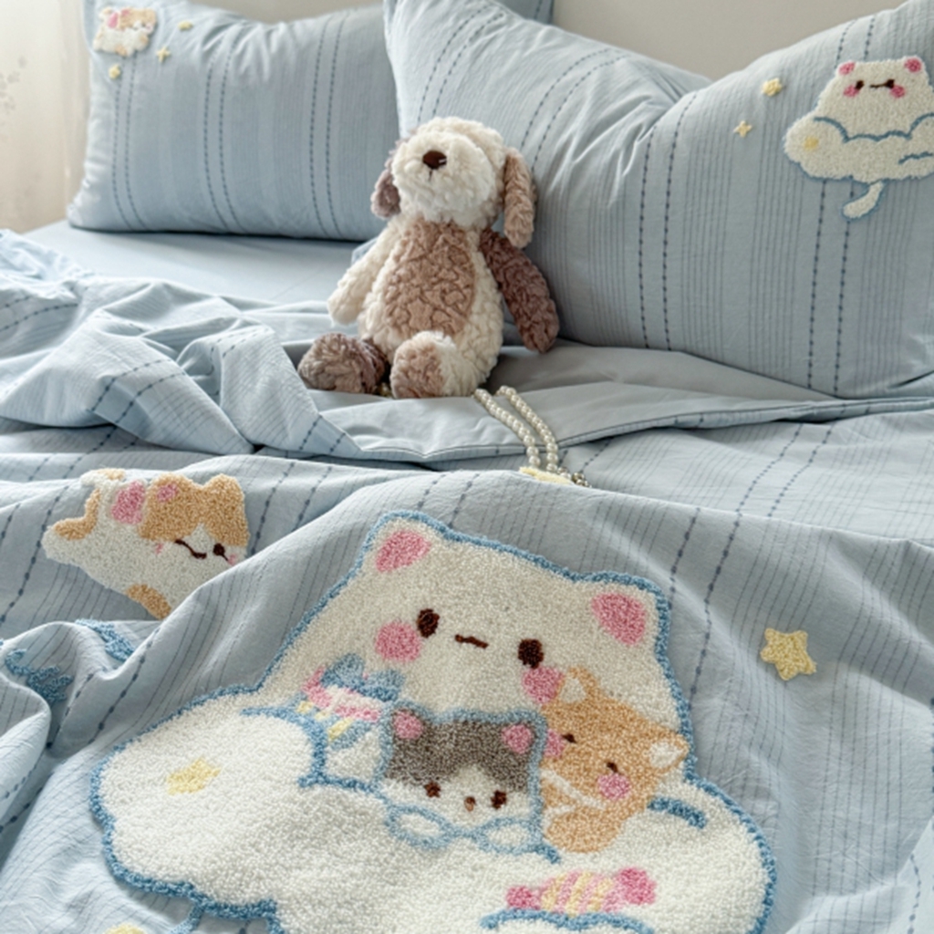 91家纺网 家纺一手货源 找家纺 柚子YOUTH 2025新款水洗棉提花毛巾绣夏被四件套 云朵小猫