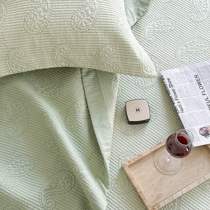 91家纺网 家纺一手货源 找家纺 琳可家居 2025春夏新款腰果花系列双面莱赛尔天丝床盖三件套高温水洗可机洗 腰果花-清新绿