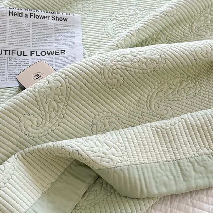 91家纺网 家纺一手货源 找家纺 琳可家居 2025春夏新款腰果花系列双面莱赛尔天丝床盖三件套高温水洗可机洗 腰果花-清新绿