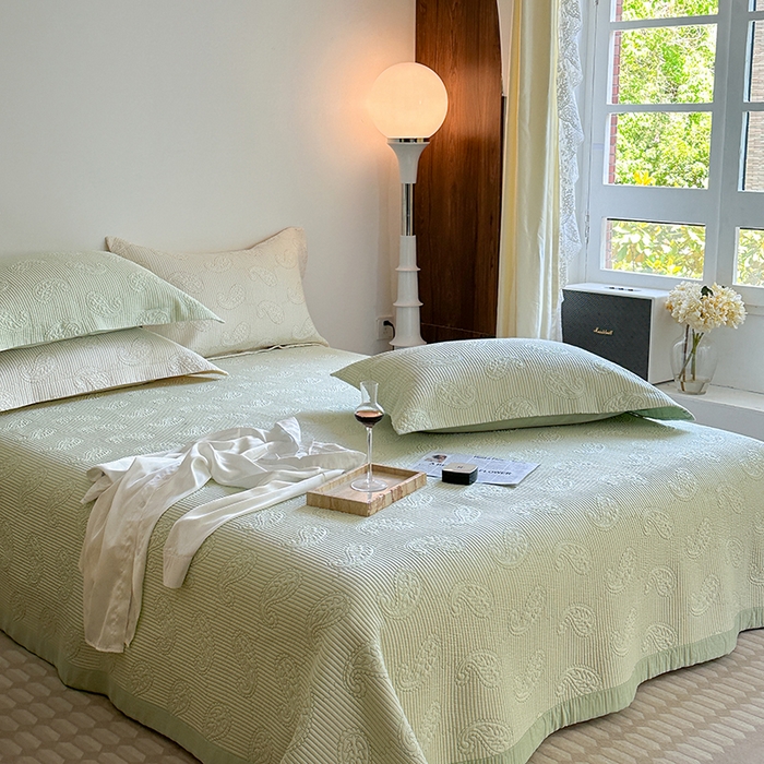 91家纺网 家纺一手货源 找家纺 琳可家居 2025春夏新款腰果花系列双面莱赛尔天丝床盖三件套高温水洗可机洗 腰果花-清新绿