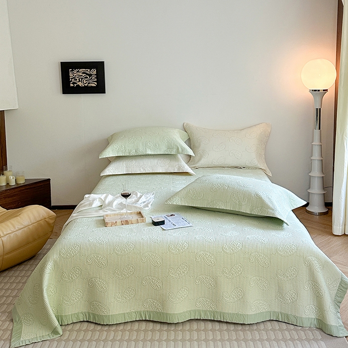 91家纺网 家纺一手货源 找家纺 琳可家居 2025春夏新款腰果花系列双面莱赛尔天丝床盖三件套高温水洗可机洗 腰果花-清新绿