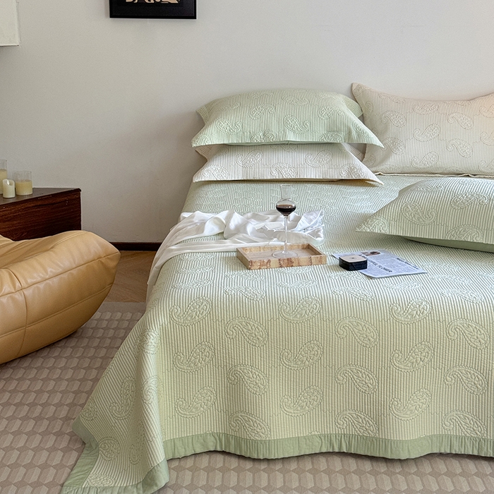91家纺网 家纺一手货源 找家纺 琳可家居 2025春夏新款腰果花系列双面莱赛尔天丝床盖三件套高温水洗可机洗 腰果花-清新绿