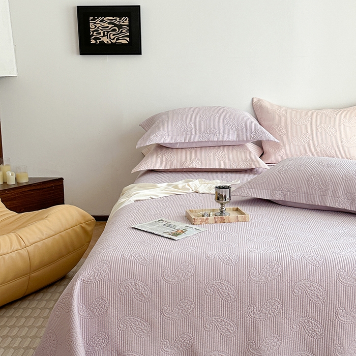 91家纺网 家纺一手货源 找家纺 琳可家居 2025春夏新款腰果花系列双面莱赛尔天丝床盖三件套高温水洗可机洗 腰果花-清新紫