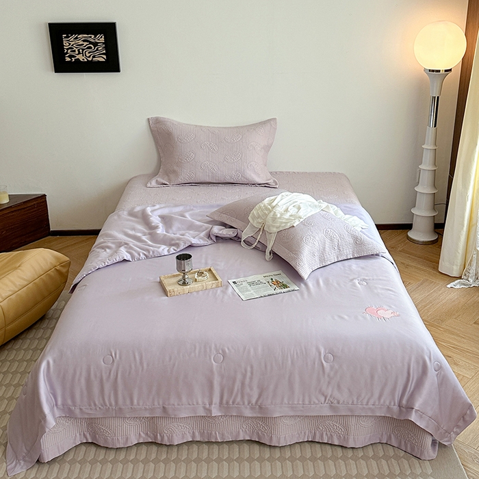 91家纺网 家纺一手货源 找家纺 琳可家居 2025春夏新款腰果花系列双面莱赛尔天丝床盖三件套高温水洗可机洗 腰果花-清新紫