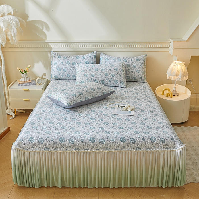 91家纺网 家纺一手货源 找家纺 罗艺轩 2025新款床裙款透气凉感豆豆软凉席席子 花妍-绿