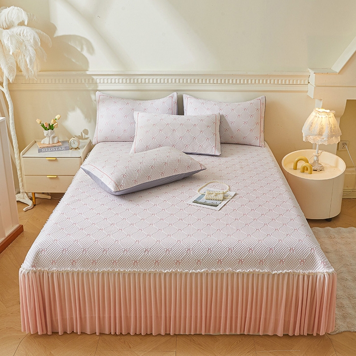 91家纺网 家纺一手货源 找家纺 罗艺轩 2025新款床裙款透气凉感豆豆软凉席席子 梦蝶-粉