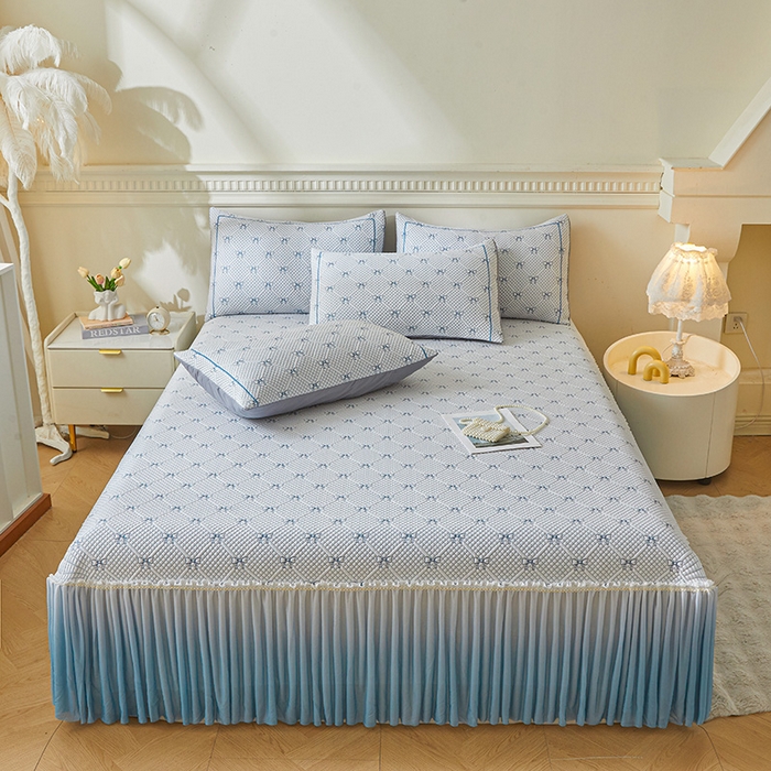 91家纺网 家纺一手货源 找家纺 罗艺轩 2025新款床裙款透气凉感豆豆软凉席席子 梦蝶-蓝