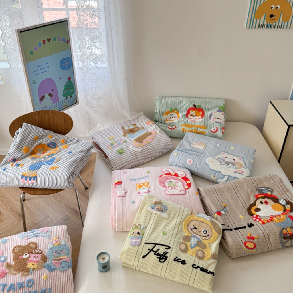 91家纺网 家纺一手货源 找家纺 柚子YOUTH 2025新款水洗棉提花毛巾绣夏被四件套 组合图仅供展示