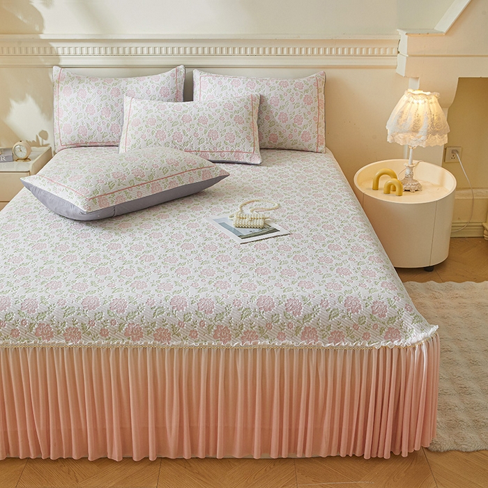 91家纺网 家纺一手货源 找家纺 罗艺轩 2025新款床裙款透气凉感豆豆软凉席席子 花妍-粉