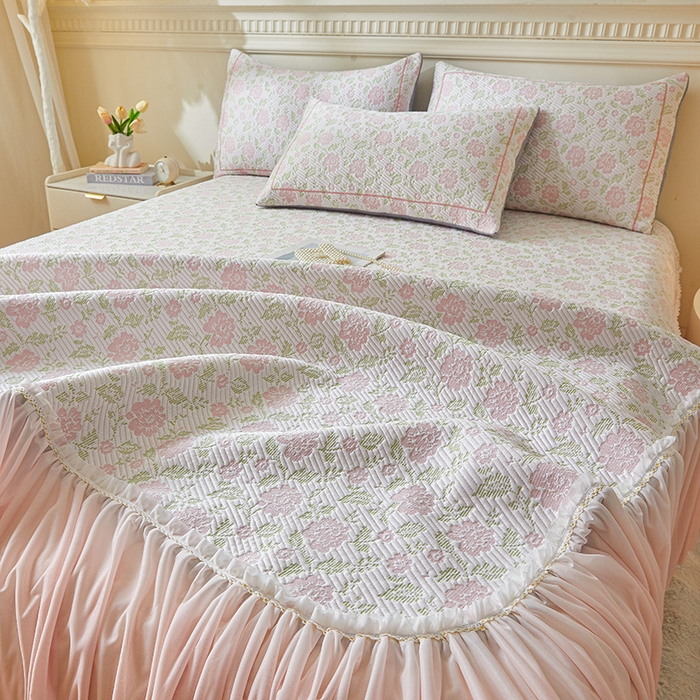 91家纺网 家纺一手货源 找家纺 罗艺轩 2025新款床裙款透气凉感豆豆软凉席席子 花妍-粉