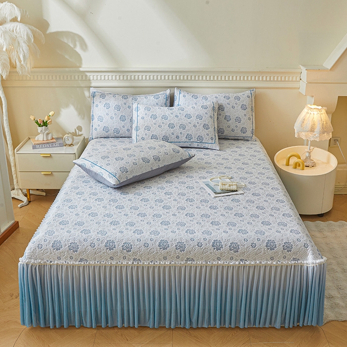 罗艺轩 2025新款床裙款透气凉感豆豆软凉席席子 花妍-蓝