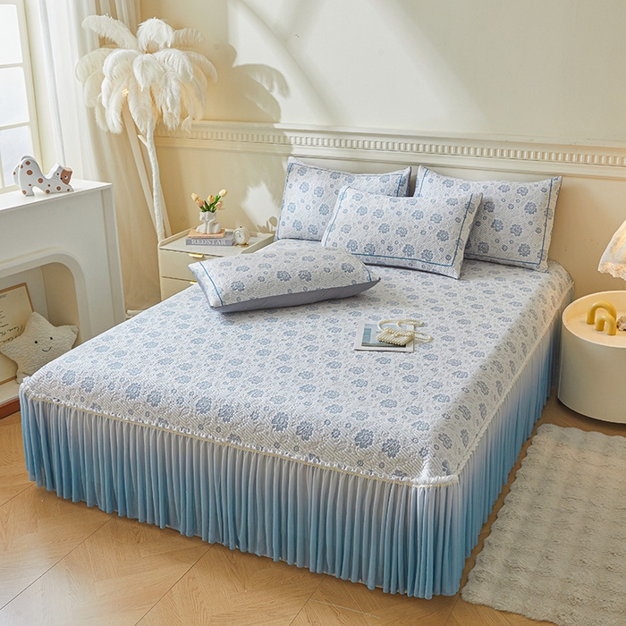 91家纺网 家纺一手货源 找家纺 罗艺轩 2025新款床裙款透气凉感豆豆软凉席席子 花妍-蓝