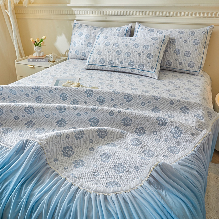 91家纺网 家纺一手货源 找家纺 罗艺轩 2025新款床裙款透气凉感豆豆软凉席席子 花妍-蓝