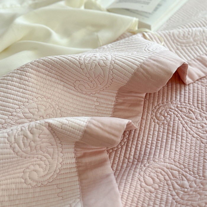 91家纺网 家纺一手货源 找家纺 琳可家居 2025春夏新款腰果花系列双面莱赛尔天丝床盖三件套高温水洗可机洗 腰果花-仙女粉