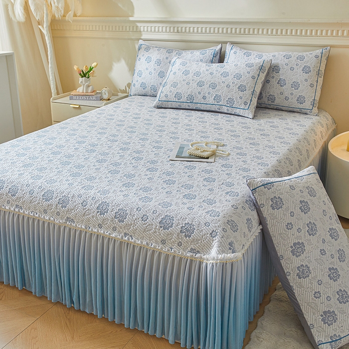 91家纺网 家纺一手货源 找家纺 罗艺轩 2025新款床裙款透气凉感豆豆软凉席席子 花妍-蓝